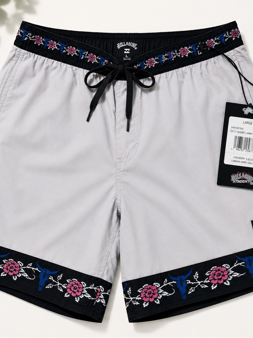 Billabong Light Gray Swim Hybrids With Black Floral Trim